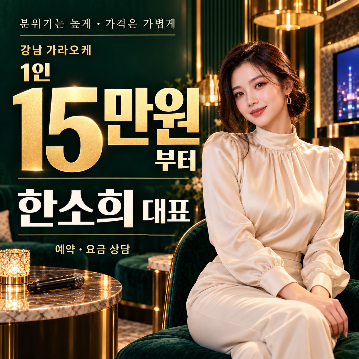 한소희 대표, 1인 15만원부터. 에메랄드 라운지 배경의 예약 및 요금 안내.